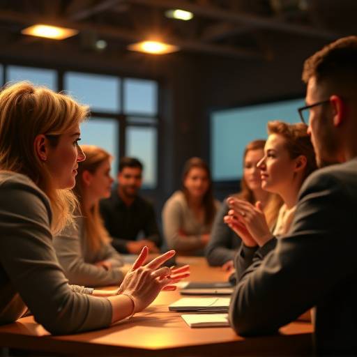 Un grupo de personas colaborando en la creación de un discurso, mostrando un ambiente de aprendizaje colaborativo.
